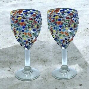 Vtg Hand Blown Colorful Pebble Textured Confetti Mexican Goblet Glasses Set Of 2